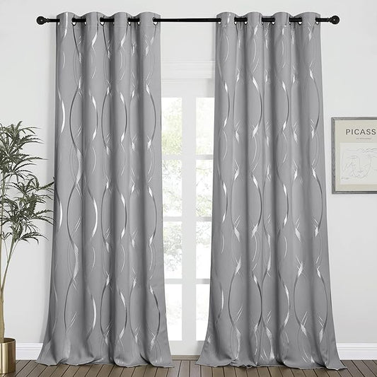 NICETOWN Blackout Curtains 90 inches Long 2 Panels, 52 inches, Silver Grey, Foil Printed Wave Lines Energy Saving Thermal Insulated Solid Grommet Blackout Draperies for Patio Hall Studio