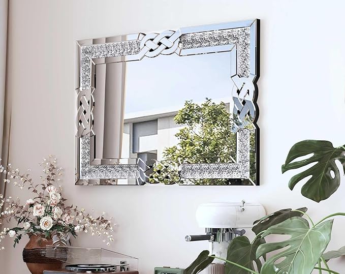 Crushed Diamond Mirror Silver Vanity Rectangular Wall Decor 36x24 inch