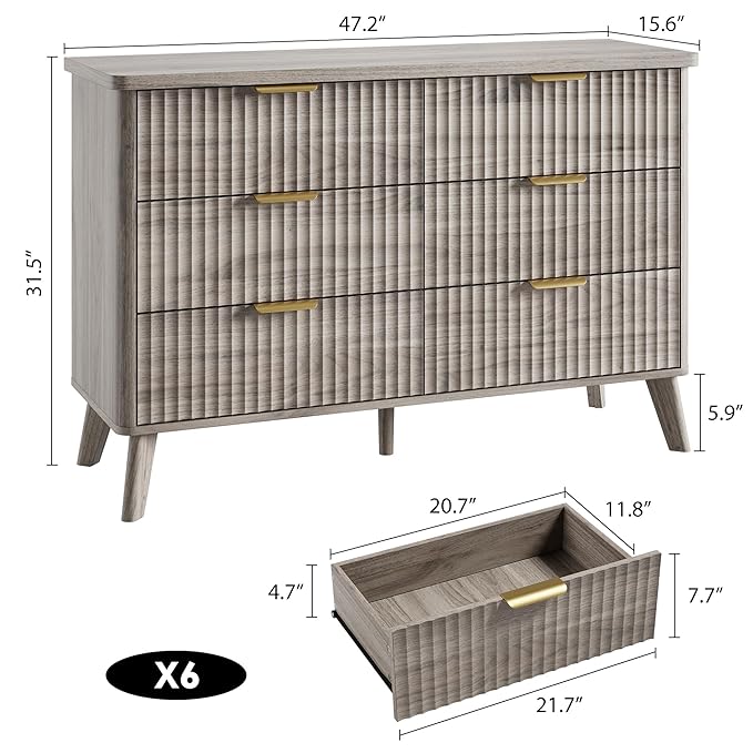 Garvee 6 Drawers Dresser for Bedroom, 47.2" Wide Dressers with Curved Profile Design, Fluted Wood Drawers with Gold Handle, Modern Chest of Dressers with Thickened Design for Living Room, Grey