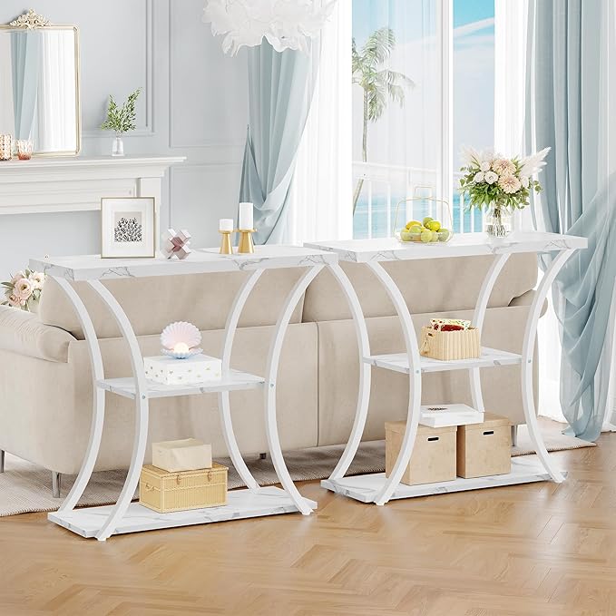Hoctieon 3 Tier Console Table with Open Wood Shelves, Decorative Entryway Table with Curved Metal Frames, Narrow Sofa Table for Entrance, Living Room, Hallway, White Marbled