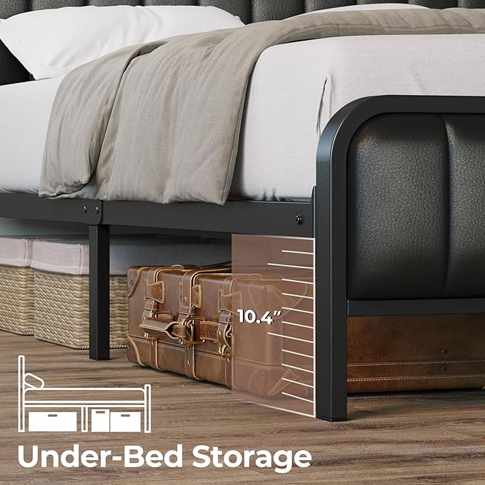 Rolanstar Twin Size Bed Frame with LED Light and Charging Station, Upholstered Headboard and Footboard, Metal Slat, Noise Free, Easy Assembly, Black