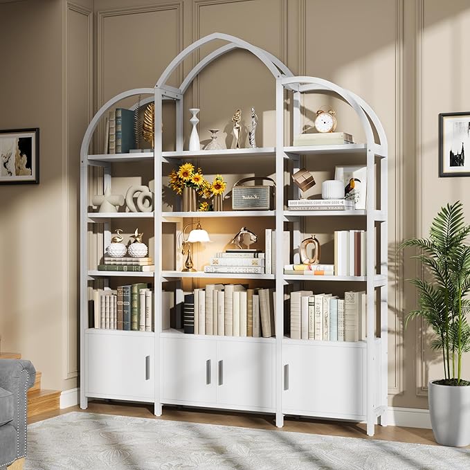 Tall Arched Bookshelf and Bookcase with 3 Cabinets, Triple Wide 5 Tier Industrial Etagere Open Bookshelf, Wood Book Shelf for Bedroom Living Room (White)