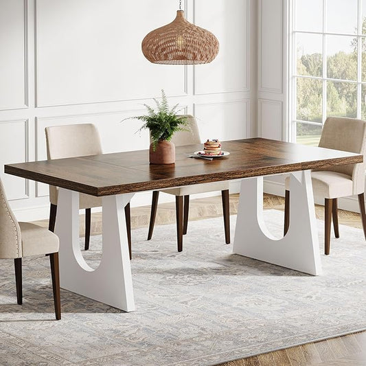 Tribesigns Large Dining Table for 6-8 People, 70.9" Wood Rustic Rectangular Table with White Wooden Legs, Farmhouse Center Kitchen Table for Dining Room, Living Room, Home Furniture (Brown & White)