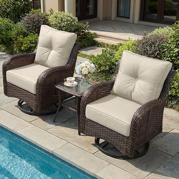 Patio Furniture Set, 3PCS Outdoor Wicker Conversation Set Porch Furniture with 6" Thick Cushions, High Back Swivel Chairs, Weather Resistant Olefin Fabric for Garden, Poolside, Beige