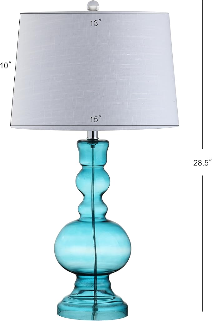 JONATHAN Y 28.5" Blue Glass Table Lamp Set of 2 for Living Room Bedroom Decor, Modern Bedside Lamps with White Linen Shade, LED Bulbs Included JYL1061A-SET2