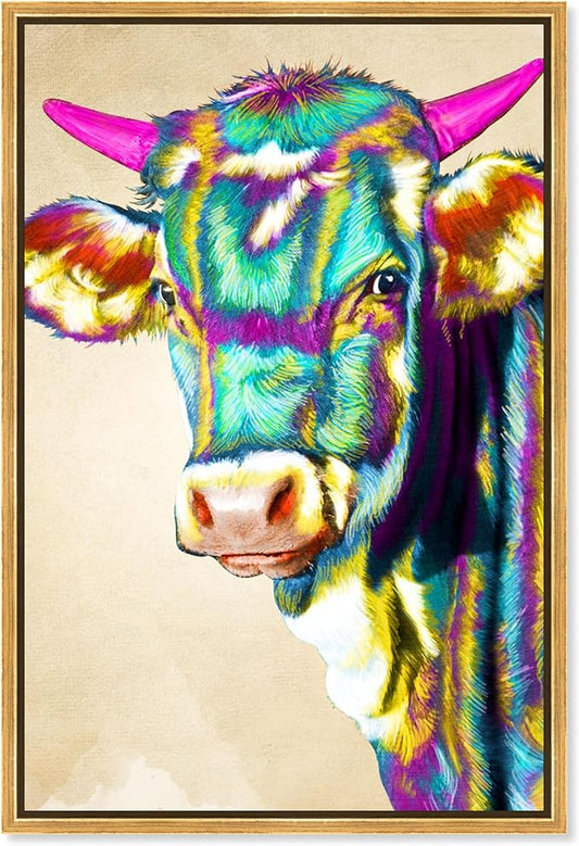 Country Farmhouse Canvas Print Painting Animal Wall Art 'Fun Colorful Glam Farm Cow' Gold Framed Canvas Rustic Home Décor 24x36 in Green, Pink by Oliver Gal