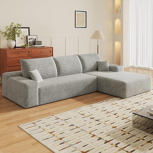 107" Oversized L Shaped Couch with Chaise, Minimalist Compressed Boneless Couch No Assembly Required, Modular Cloud Sectional Sofa for Living Room Bedroom, Right Facing Chaise, Plush Corduroy, Grey