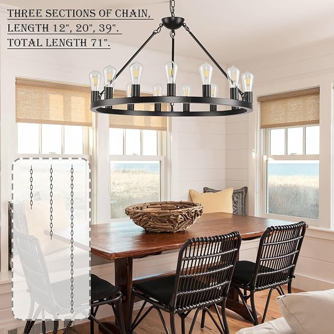 32 inch Black Wagon Wheel Chandelier 15-Light Farmhouse Round Wheel Chandeliers Hanging Light Fixture Outdoor Wagon Wheel Chandelier for Porch for High Ceilings Dining Room