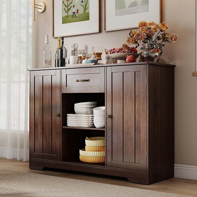 Gizoon Kitchen Sideboard Buffet Cabinet with Storage Coffee Bar Cabinet with Drawer, Kitchen Pantry Storage with Door and Shelves for Bathroom and Living Room, Dark Brown