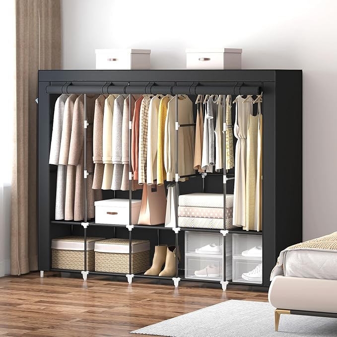 83" Extra Large Portable Closet Wardrobe, Heavy Duty Free-Standing Clothes Organizer with 10 Shelves, 5 Hanging Rods & 4 Side Pockets - Dustproof Fabric Cover, Black