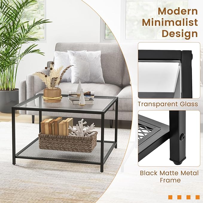 Giantex 27.5" Square Coffee Table - Tempered Glass Center Table w/Bottom Storage Shelf & Metal Frame, Modern Accent Table for Small Space, Living Room, Home, Office (2-Tier, Transparent)