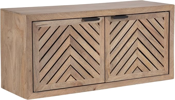 Kate and Laurel Mezzeta Decorative Two-Door Wall Cabinet; 30 x 10 x 14; Natural Wood; Decorative Modern Storage Cabinet for Use as Floating Nightstand or Floating TV Shelf
