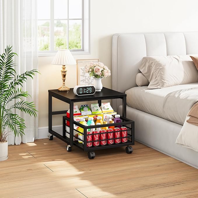 HOOBRO Mini Fridge Stand with Movable Storage Basket, Mini Fridge Cabinet with Wheels and Adjustable Feet, Sturdy Metal Frame, for Home, Apartment, Office, Black BB155TL01