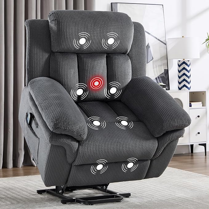 CANMOV 46" Wide Oversize Power Lift Recliner Chair, Extra Large Electric Lift Recliners for Elderly Big, Stand Up Recliner Chair with Massage and Heat, USB and Type-C Ports, Grey