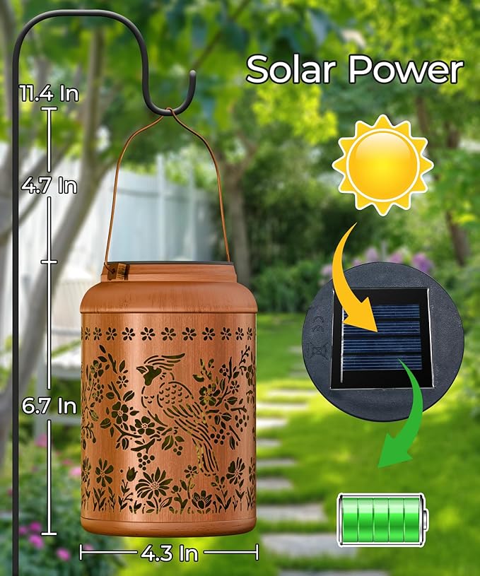 Solar Lanterns Outdoor Waterproof Decorative Garden Solar Lights Outdoor,Hanging Hollow Out Metal Ornaments Decor for Outside Lawn,Patio,Balcony,Yard Unique Gifts for Women Christian Cardinal