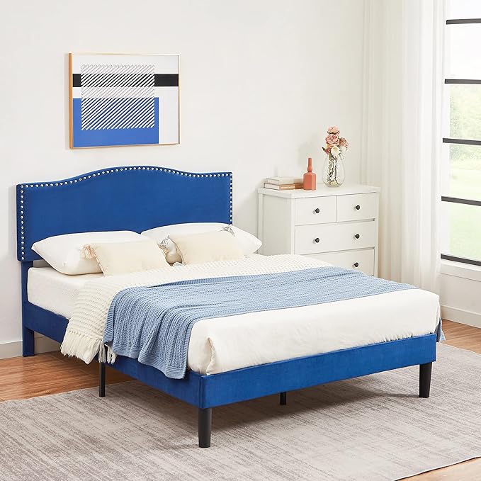 VECELO Full Bed Frame, Platform Bed Frame with Adjustable Height Upholstered Headboard, Heavy-Duty Frame and Strong Wooden Slats Support, Non-Slip and Noise-Free, Easy Assembly, Dark Blue