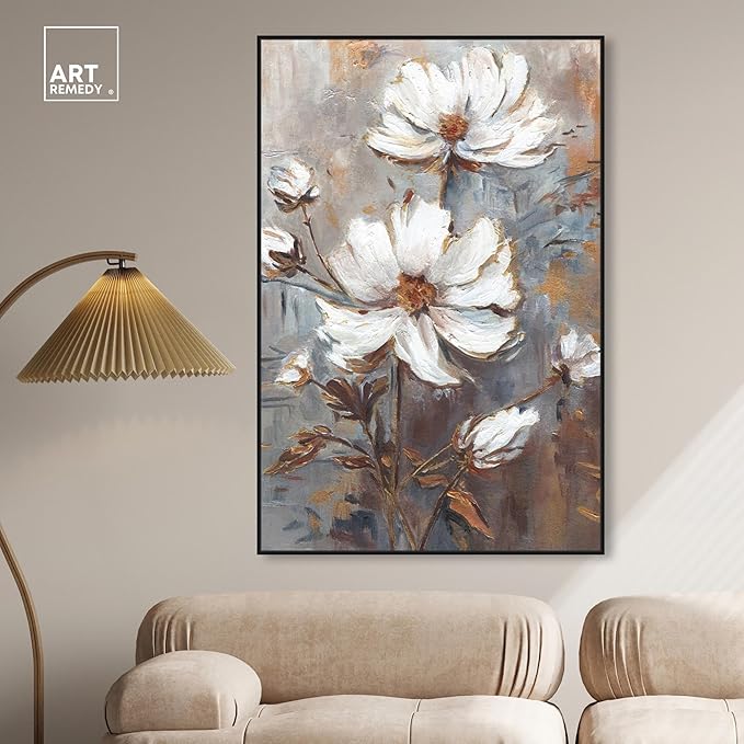 Art Remedy White Textured Flowers Canvas Elegant Floral Wall Art, Black Frame, 36" x 54"