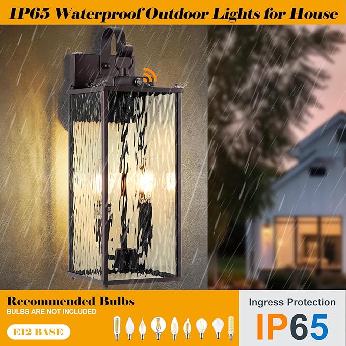 Oil Rubbed Bronze Dusk to Dawn Outdoor Light Fixture 18”, 2-Light Candelabra Photocell Porch Light with Water Ripple Glass Large Brown Outside Wall Light for House Wall Mounted Lamp, E12