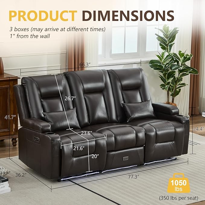 URRED Power Loveseat Recliner Sofa with Console, Wall Hugger Reclining Loveseat RV Couch with LED Light, 150° Zero Gravity Recliners Modular Couches for Living Room (Glossy Brown, 77.3'' - 3 Seats)