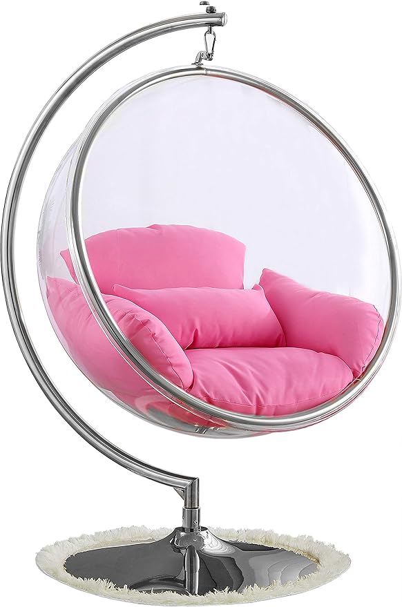 Meridian Furniture 507Pink Luna Collection Modern | Contemporary Clear Acrylic Accent Swing Chair with Durable Metal Base and Fabric Seat, Pink, Chrome Finish, 41.5" W x 29.5" D x 64" H