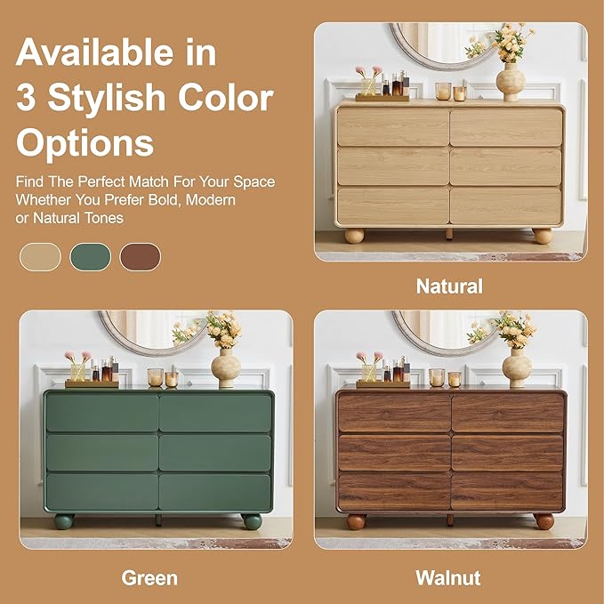 AVZEAR 6 Drawer Dresser for Bedroom, 48" Modern Wooden Dresser Chest of Drawers, Curved Profile Design, Closet Clothes Storage Organizer for Kids Bedroom, Living Room, Nursery, Natural Color