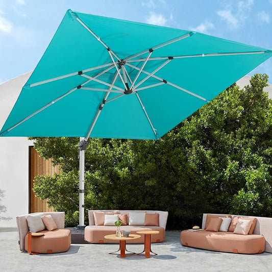 Cantilever Patio Umbrella with Cross Base and Cover Included - 360° Rotation Large Heavy Duty Offset Outdoor Umbrella with Easy Tilt for Pool Backyard Deck Garden (11x11 FT Turquoise Blue)