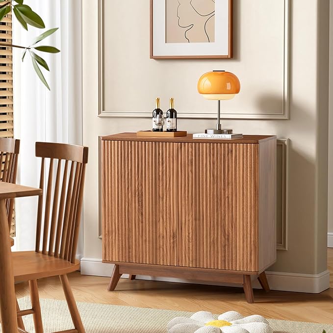 Set of 2 Fluted Storage Cabinet with 2 Doors and Adjustable Shelves, Mid Century Modern Credenza Sideboard Buffet Cabinet with Storage, Kitchen Sideboard for Dining Room Hallway Entryway - Walnut