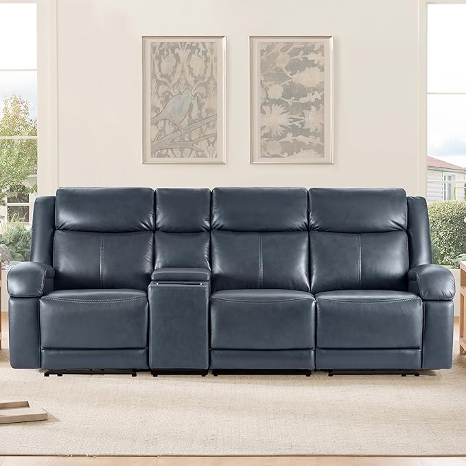 Watson & Whitely Genuine Leather Power Recliner Sofa, 3 Seater Wall Hugger Reclining Sofas with Storage Console, Power Headrest, USB, Electric Recliner Couch Set for Living Room, Navy Blue