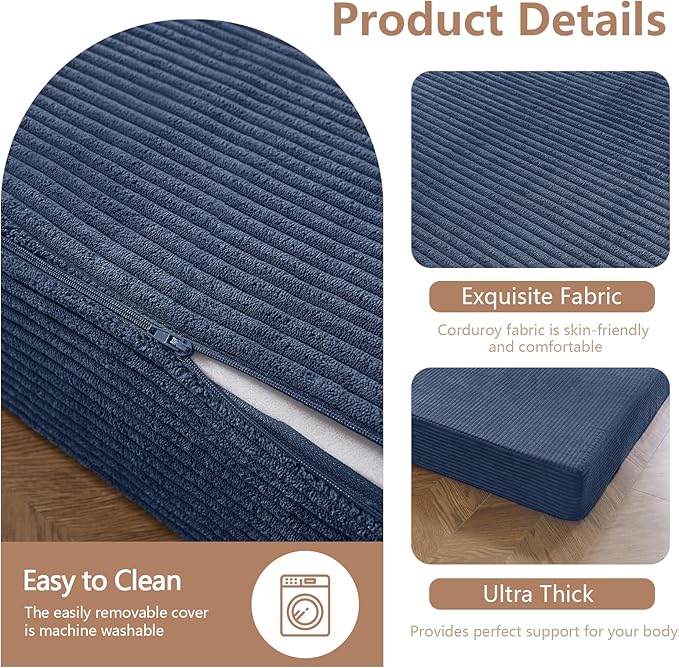 BYBYME Tri-Folding Corduroy Mattress, 6 Inch Gel Folding Mattress Topper, Foldable Soft Guest Bed Camping Pad, Washable Cover (Bluestone, Twin)