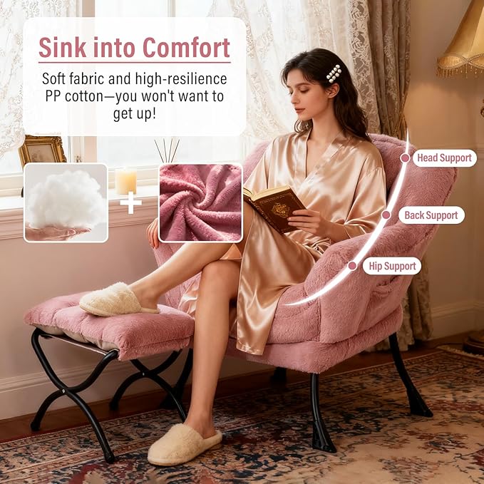 Lazy Chair with Ottoman, Modern Chair with Folding Footrest, Plush Dark Pink Accent Chair, Comfortable Reading Chair, Oversized Armchairs for Bedroom, Study, Living Room, Courtyard