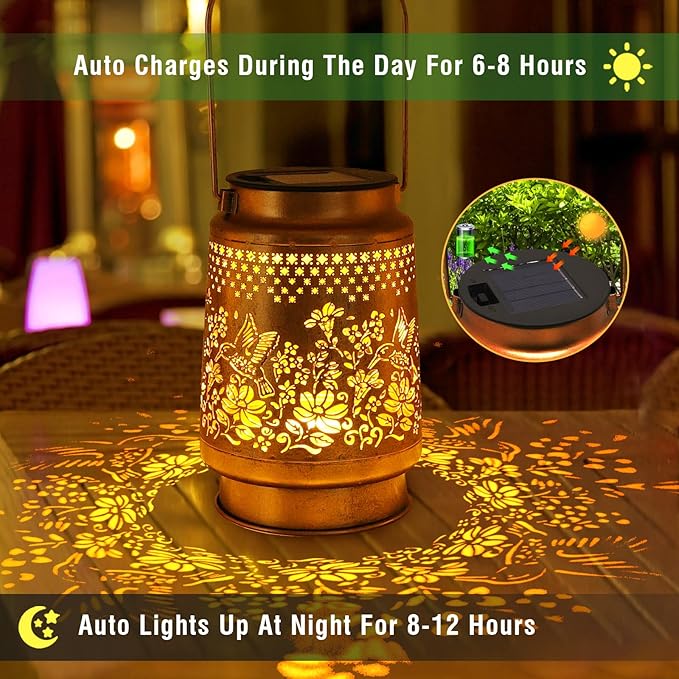 Solar Lanterns Outdoor Hummingbird Garden Decor, Gifts for Women Mom Grandma Birthday, Metal Hanging Solar Lights Waterproof with Shepherd Hook LED Decoration Outside for Garden Yard Patio Porch