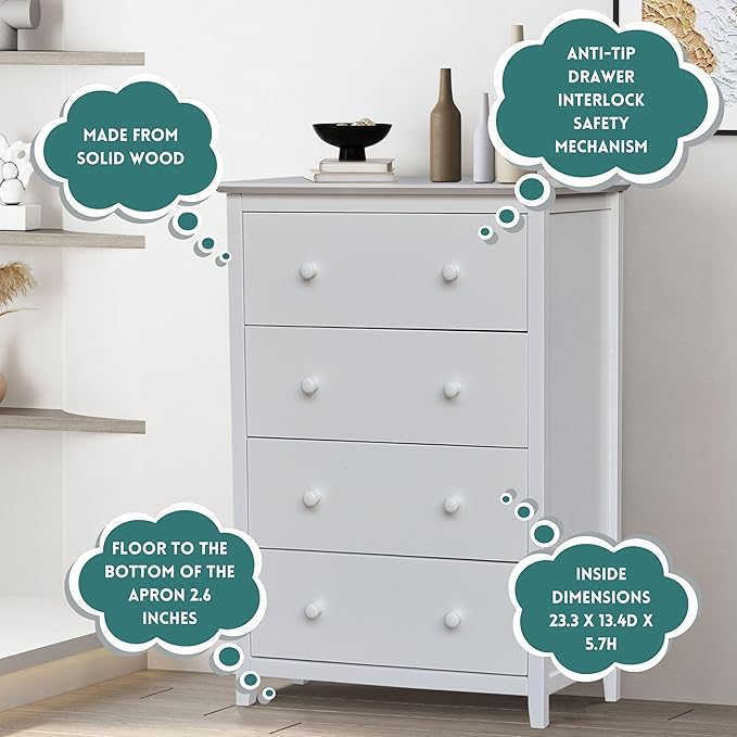International Concepts Solid Wood Bedroom Dresser/Chest with 4 Drawers in White