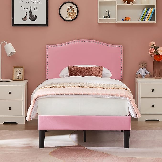 VECELO Twin Bed Frame, Platform Bed Frame with Adjustable Height Upholstered Headboard, Heavy-Duty Frame and Strong Wooden Slats Support, Non-Slip and Noise-Free, Easy Assembly, Pink