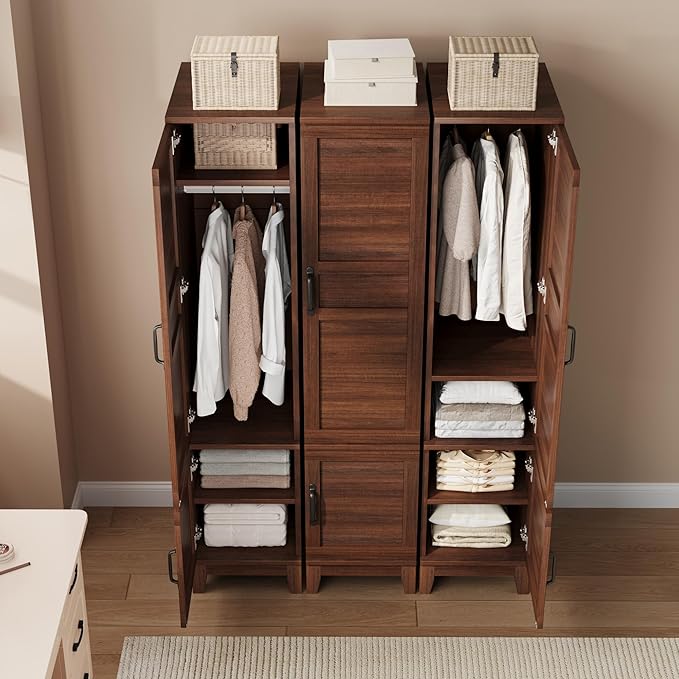 GarveeHome Armoire Wardrobe Closet with 2 Doors, Wooden Wardrobe Cabinet with Hanging Rod, 72 in Narrow Tall Clothing Armoire Cabinet with 18 Adjustable Shelves for Clothes, Bedroom, Walnut
