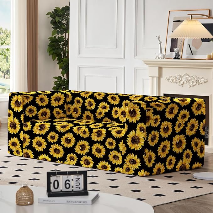 Loveseat Sofa, Boneless Couch in a Box with Sunflowers Print, Small Couch for Small Spaces, High-Resiliency Memory Foam, No Assembly Required, for Living Room, Bedroom, Office