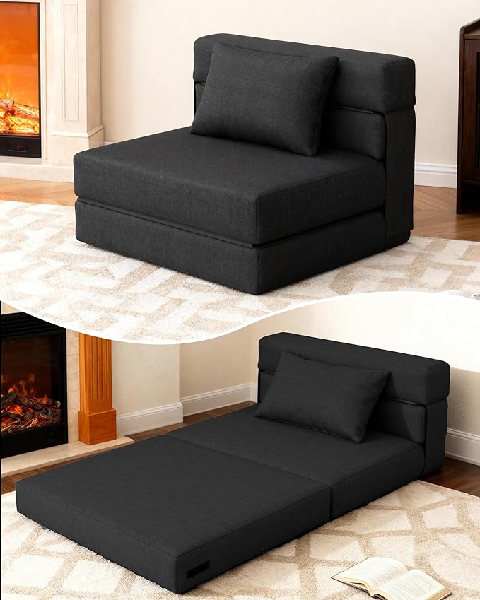 KINGYES 3 in 1 Foldable Chair Bed, Folding Sleeper Chair with Back Cushion, Convertible Chair Bed Sleeper for Adults, Black