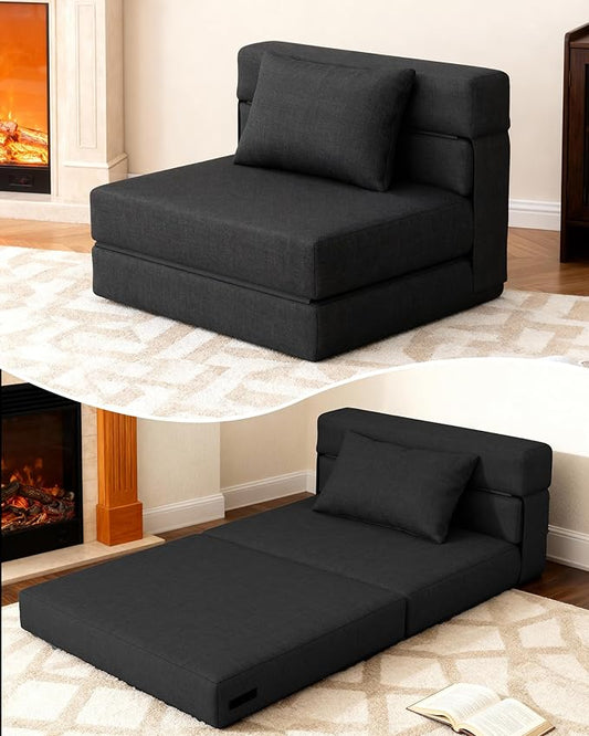 KINGYES 3 in 1 Foldable Chair Bed, Folding Sleeper Chair with Back Cushion, Convertible Chair Bed Sleeper for Adults, Black