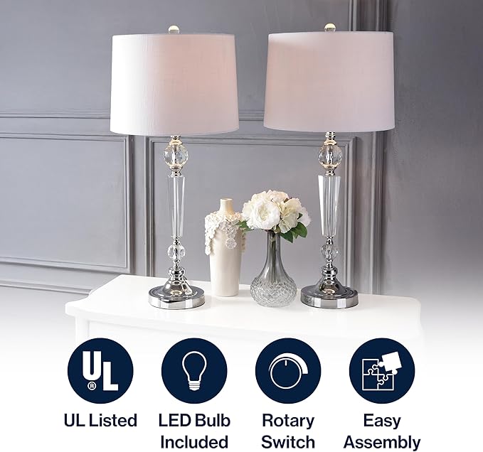 JONATHAN Y 30.5" Clear Crystal Table Lamp Set of 2 for Living Room Bedroom, Modern Glam Candlestick Lamp with Chrome Base and White Linen Drum Shade, LED Bulbs Included JYL2048A-SET2