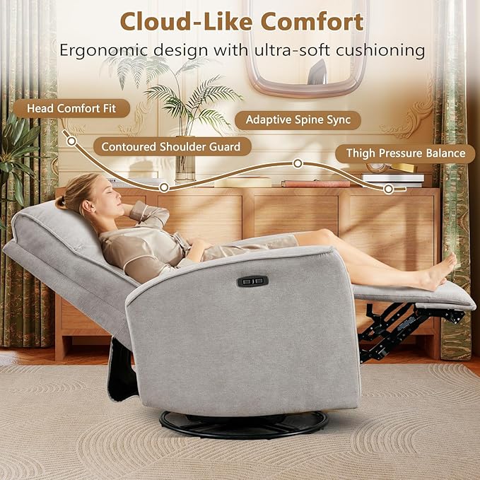 ANJ Power Swivel Recliner Chair,Electric Glider Rocker Recliner with USB Port, Nursery Recliner Sofa Soft Fabric Rocking Chairs for Living Room, Bedroom,Light Grey