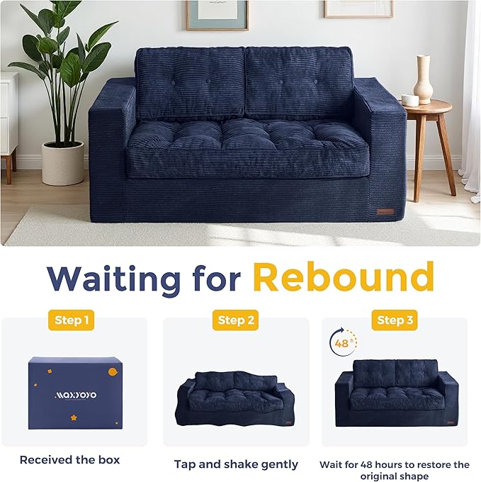 MAXYOYO Loveseat Sofa Couch, Upholstered Bean Bag Chair Cloud 2-Seat for Adults, Boneless Couch with Tufted Cushion & Pillows, Sofa in A Box, No Assembly Required, Navy