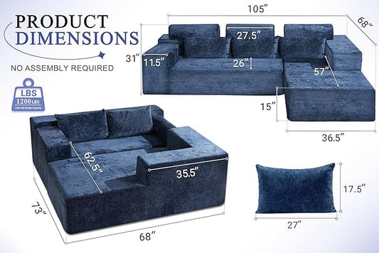 HABUTWAY 105" L-Shape Modular Sectional Sofa Couch for Living Room,No Assembly Required,Modular Comfy Sofa with Deep Seat for Living Room Bedroom,Luxury Distressed Velvet(Right,Blue)