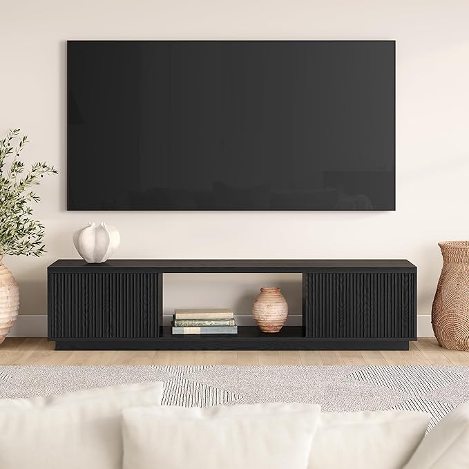 Henn&Hart Fluted TV Stand for TVs up to 78" with 2 Ribbed Side Storage Cabinets and Open Center Storage for Living Room, Family Room, or Office, Natural Black