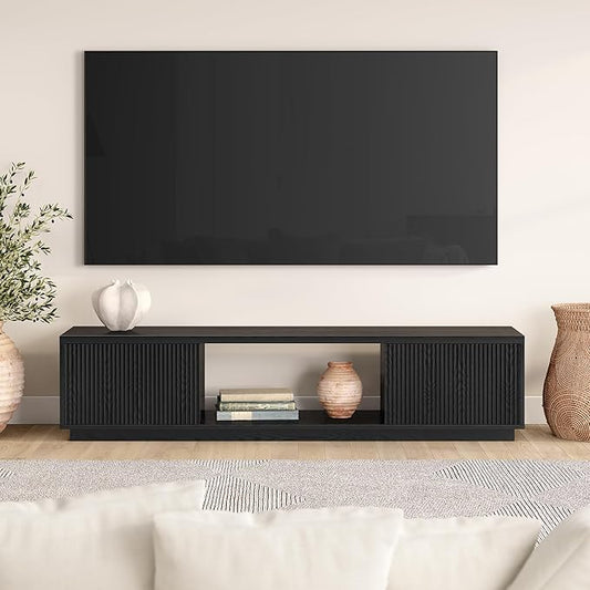 Henn&Hart Fluted TV Stand for TVs up to 78" with 2 Ribbed Side Storage Cabinets and Open Center Storage for Living Room, Family Room, or Office, Natural Black