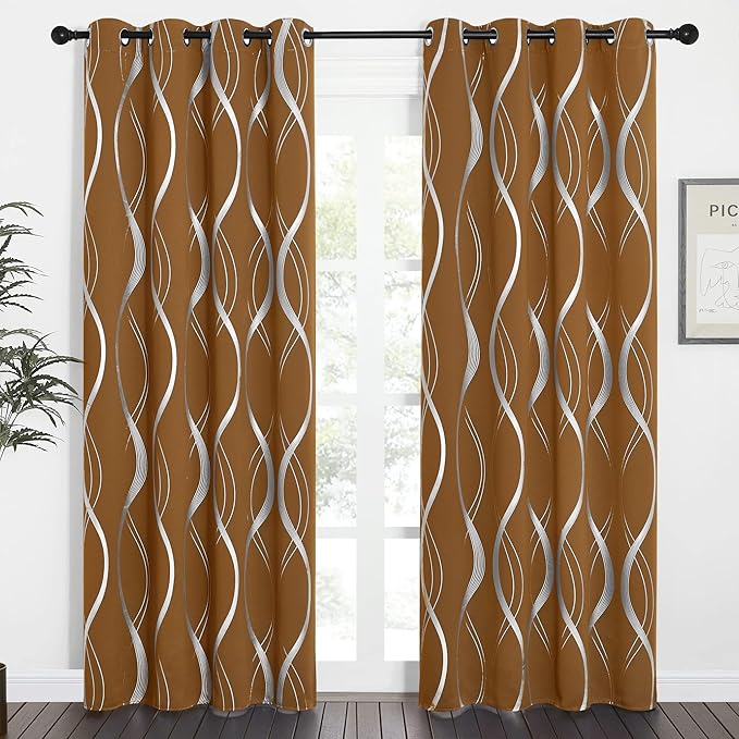 NICETOWN Gold Brown Blackout Fall Pattern Curtains for Living Room 84 inch Long, 52” Wide - Light Reducing Thermal Insulated Foil Printed Grommet Drapes for Bedroom and Nursery, 2 Panels