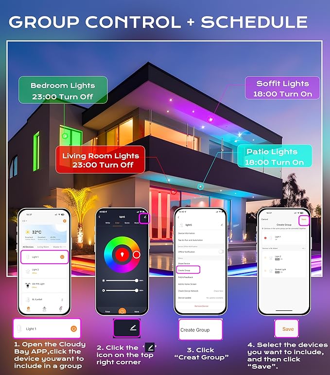 CLOUDY BAY [4 Pack] 4 inch Gimbal Smart WiFi LED Recessed Lights,RGBCW Color Changing,Compatible with Alexa and Google Home Assistant,No Hub Required,2700K-6500K,IC Rated,Black