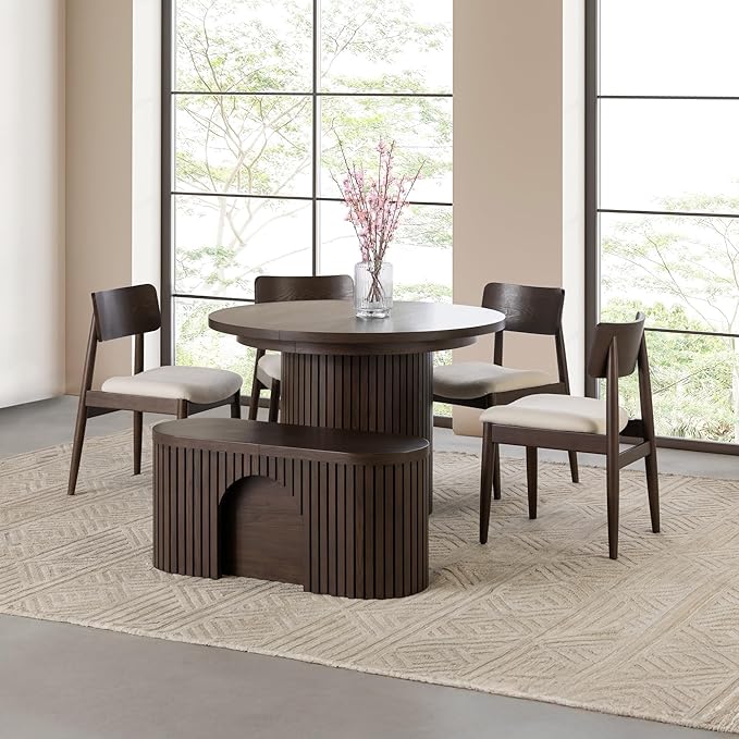 Transformer Table - Solid Wood Extendable Round Dining Table Set with Bench and 4 Chairs, Seats 4-10, Extendable Round Dining Set, Dark Brown (Table + Bench + 4 Chairs)