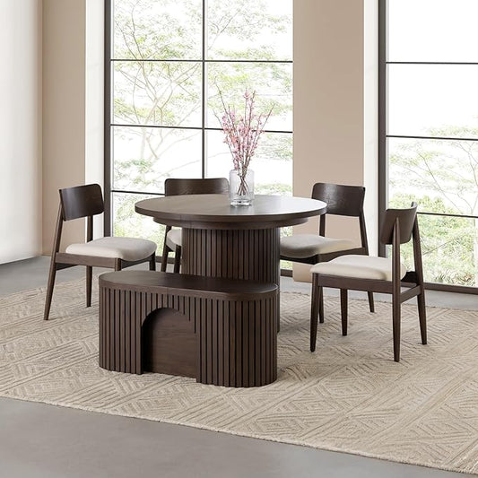 Transformer Table - Solid Wood Extendable Round Dining Table Set with Bench and 4 Chairs, Seats 4-10, Extendable Round Dining Set, Dark Brown (Table + Bench + 4 Chairs)