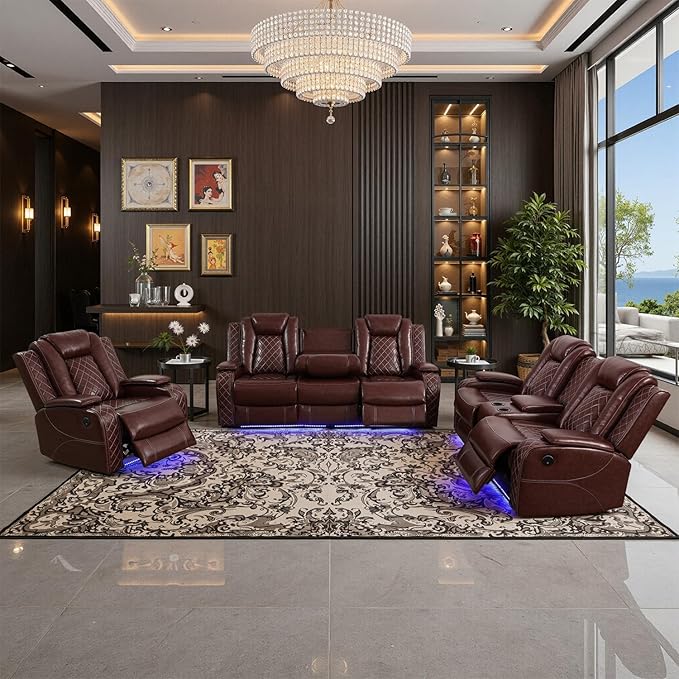 Power Leather Recliner Sofa Set with LED Light,Reclining Couch Set with USB Charger/Cup Holder/Storage,Leather Couch for Living Room Furniture Sets(3+2+1 Seats,Burgundy)