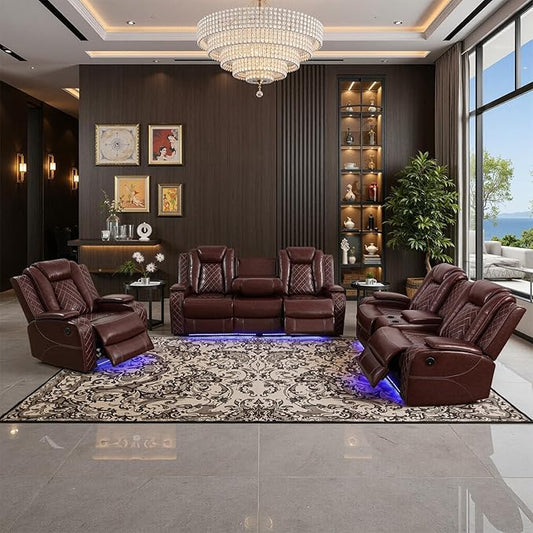 Power Leather Recliner Sofa Set with LED Light,Reclining Couch Set with USB Charger/Cup Holder/Storage,Leather Couch for Living Room Furniture Sets(3+2+1 Seats,Burgundy)