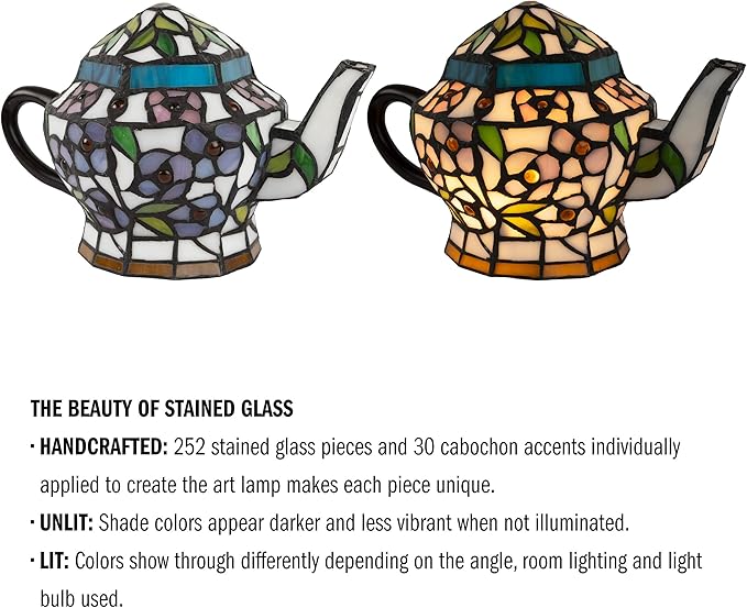 Teapot Lamp-Tiffany Style Stained Glass Table or Desk Light LED Bulb Included-Vintage Look Colorful Accent Décor for Home or Office by Lavish Home